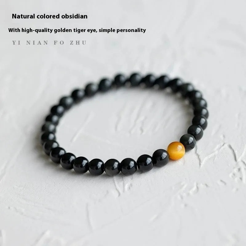 Geometric cut black obsidian stone bracelet showing 6mm, 8mm, and 10mm size beads.
