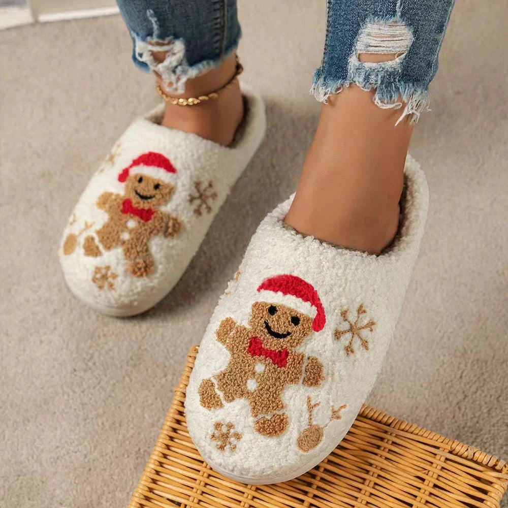 Cozy and stylish gingerbread and snowflake slippers with a plush, fuzzy exterior and non-slip sole for indoor wear