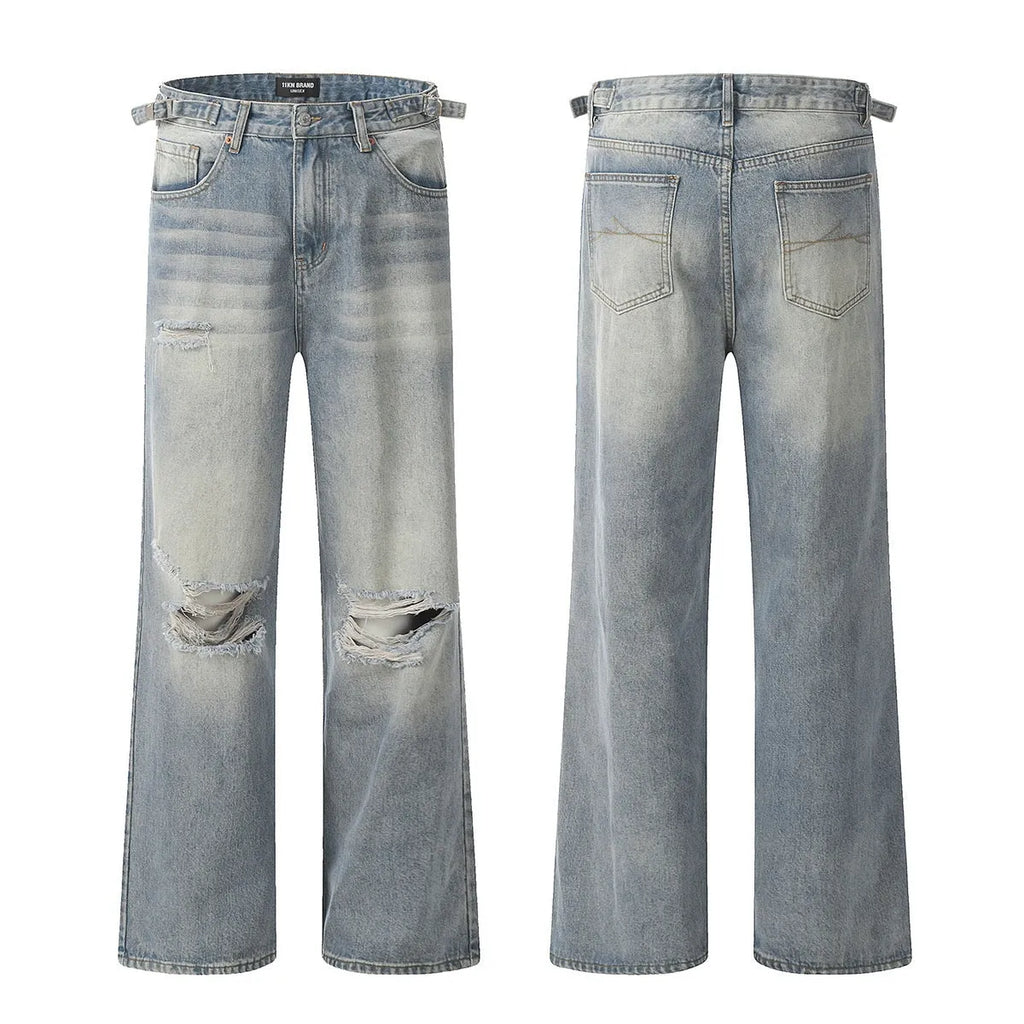 Men's blue retro straight-leg jeans with ripped detailing and cotton-blend fabric