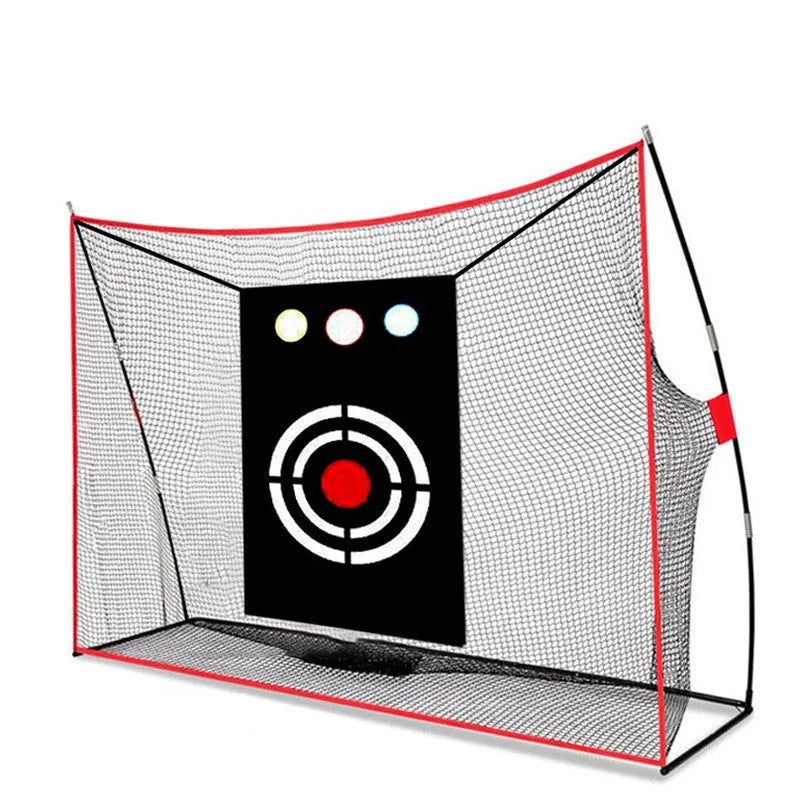 Golf swing wedge training net kit with straw mat, red PU balls, and practice accessories laid out