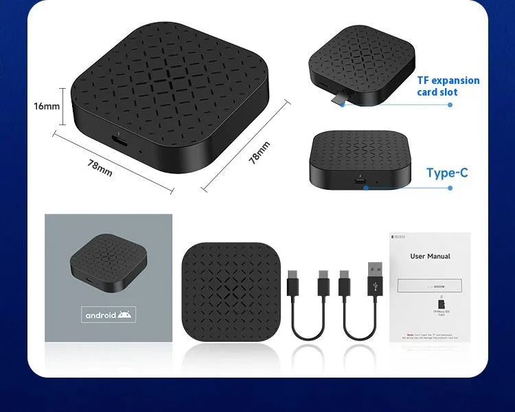 Black Android CarPlay wired to wireless converter adapter box with data cables