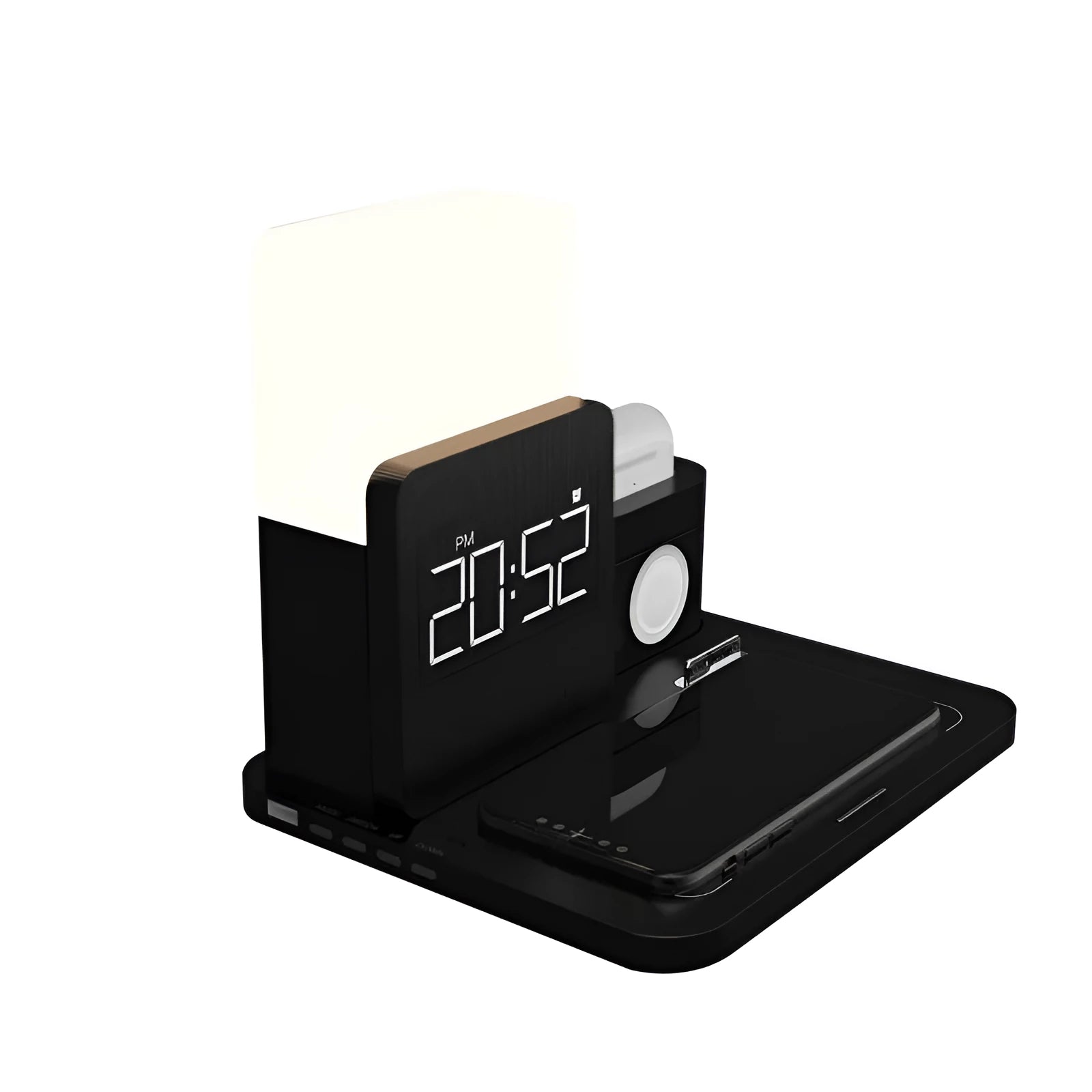 Dark green 3-in-1 Qi wireless charger stand showing phone on angled pad and earbuds in dock.