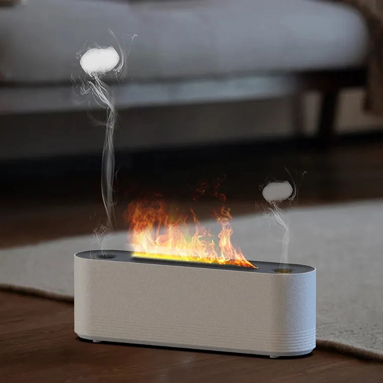 Black or white ultrasonic aroma diffuser with 7 colour LED flame lighting and cool mist output