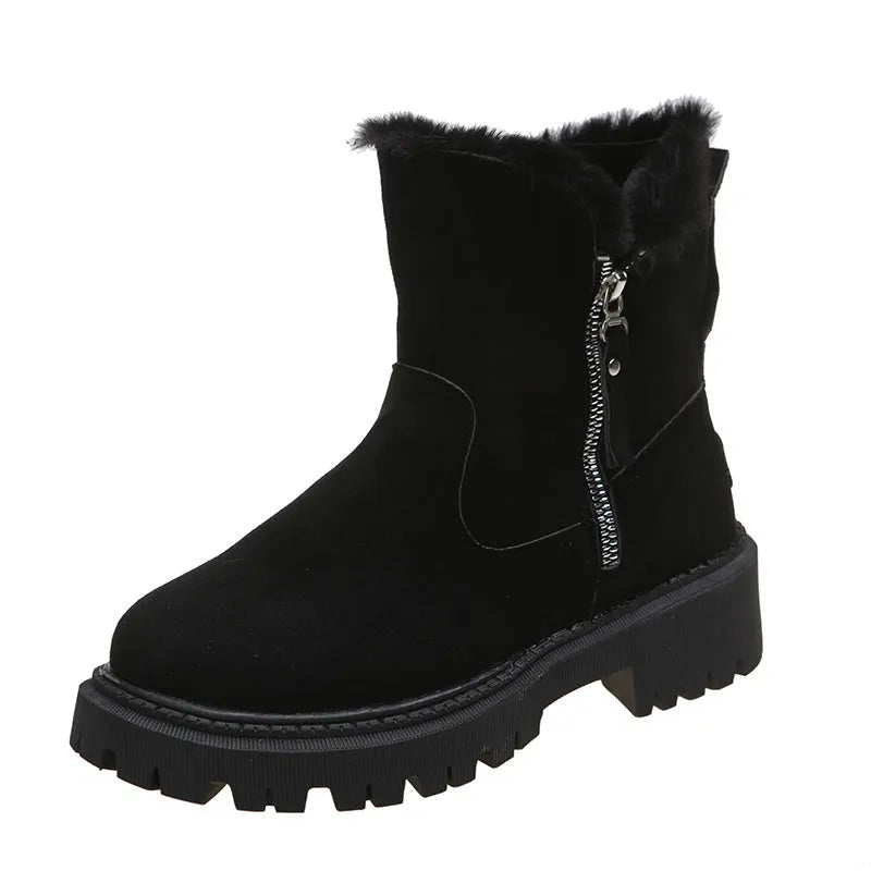 Women's black high-top snow boot with side zip, faux fur lining visible, and a rubber sole.