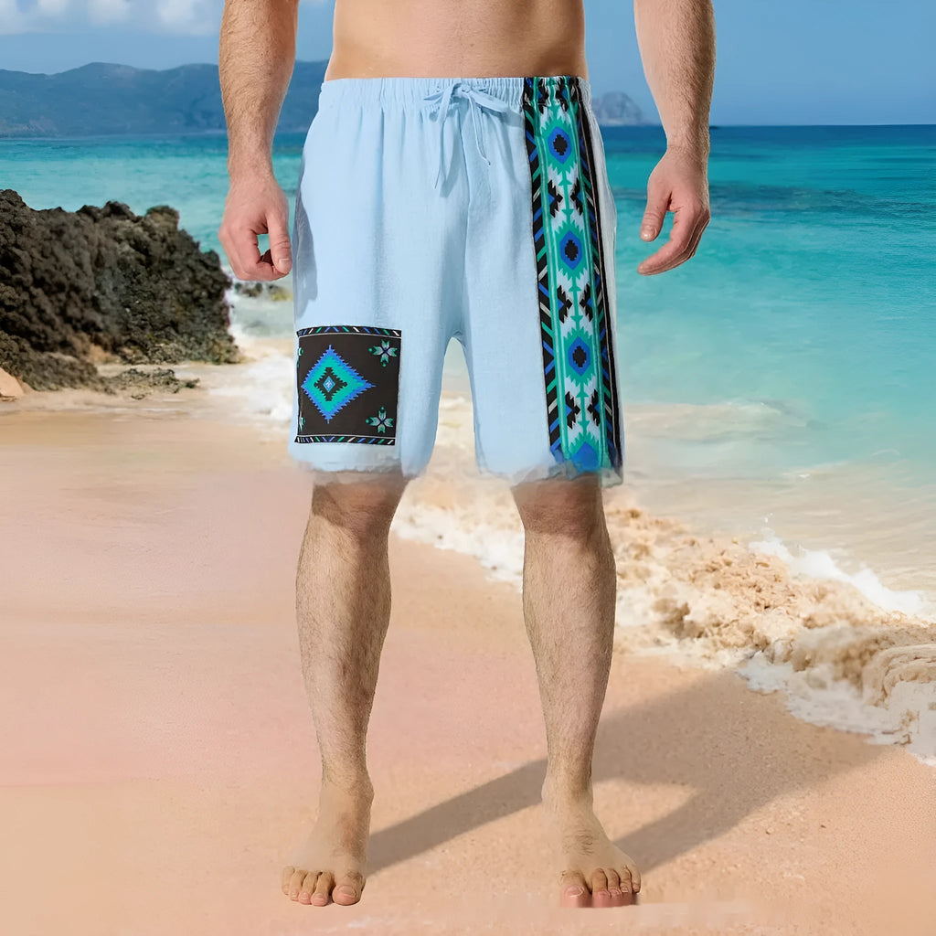 Men's blue colour block digital print casual shorts with drawstring waist