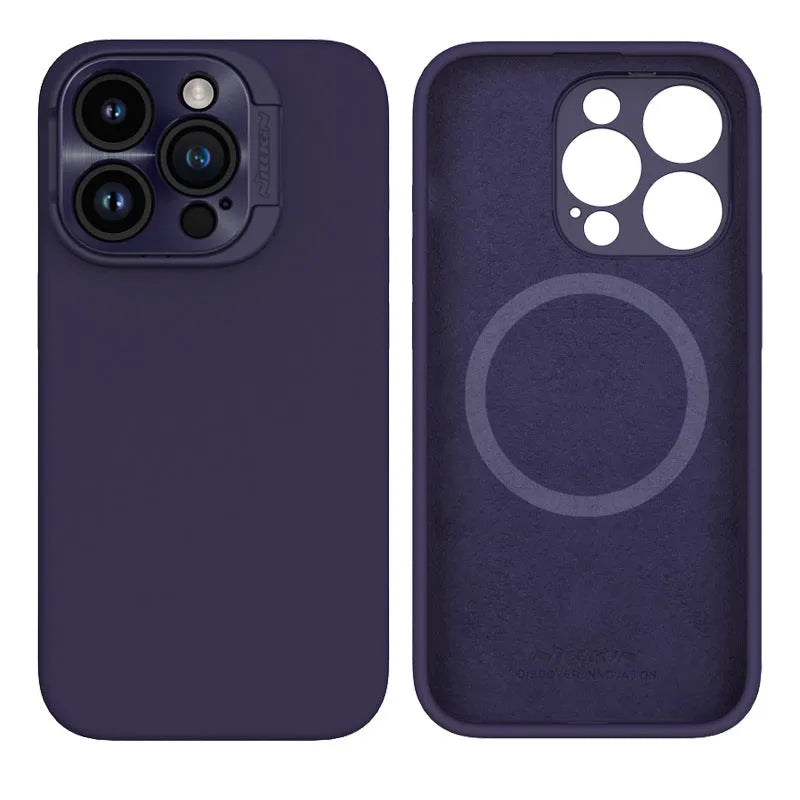 Magnetic liquid silicone phone case with invisible bracket in black, blue, green, or dark purple for iPhone models.