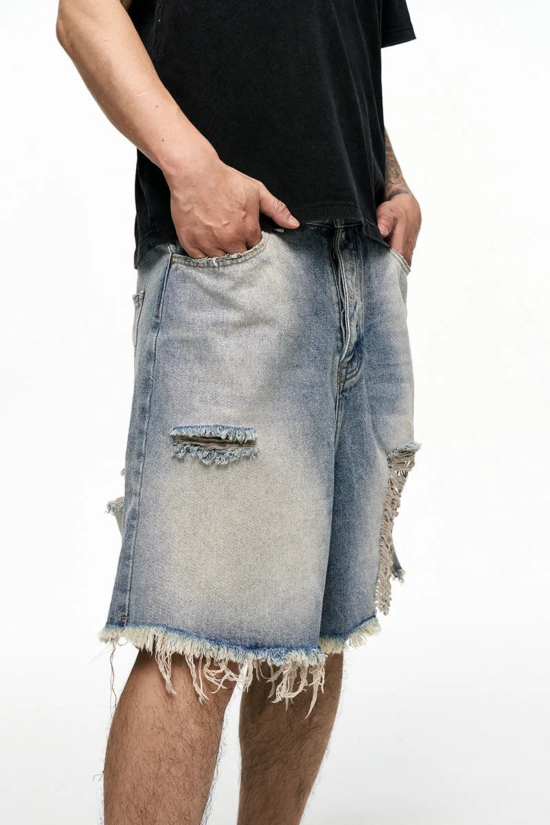 Light blue retro washed men's baggy denim shorts with wide leg cut