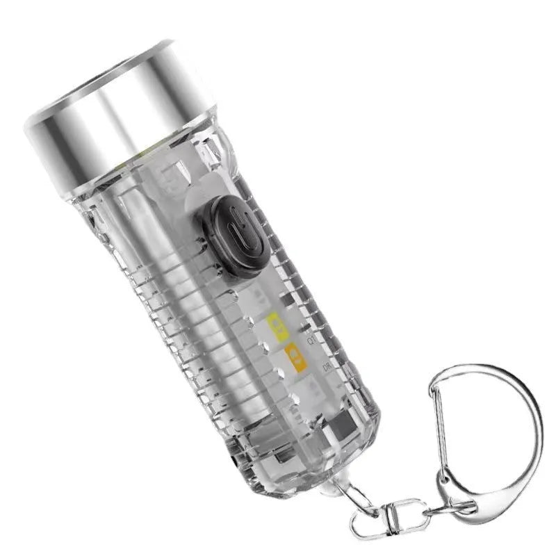 USB keychain light in ultra-thin ABS with keychain fitting, shown in red, blue, green, or transparent for night lighting and camping