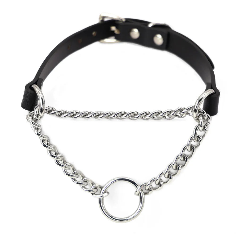 Black cowhide leather bondage collar and leash set with hand grip rope