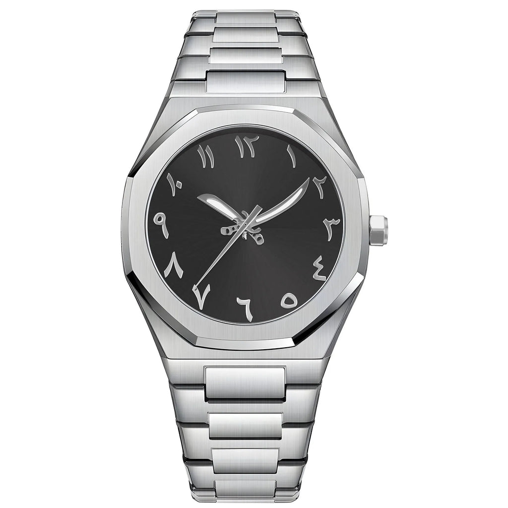 Men's business casual watch with stainless steel band and black dial on wrist