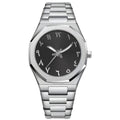 Men's business casual watch with stainless steel band and black dial on wrist