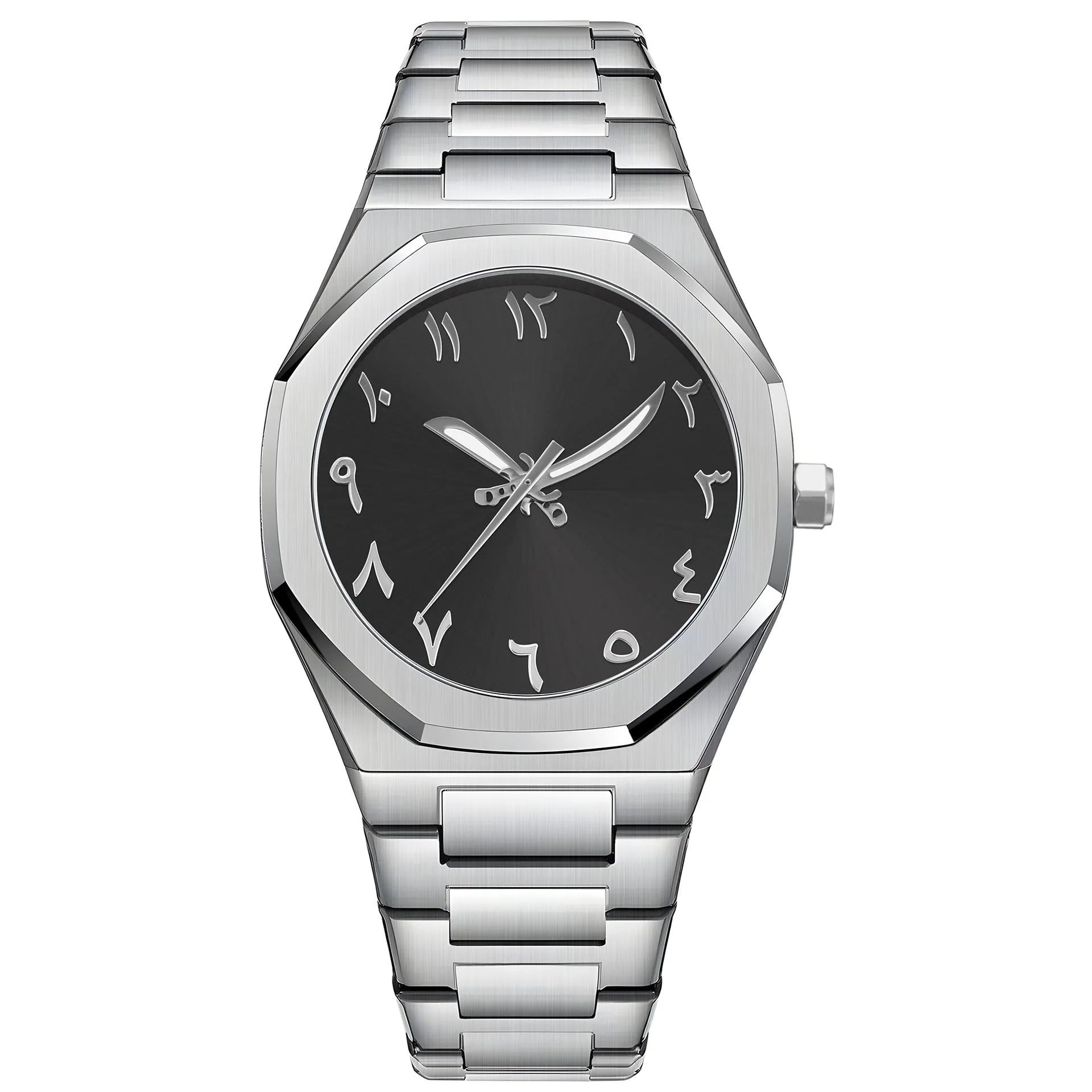 Men's business casual watch with stainless steel band and black dial on wrist