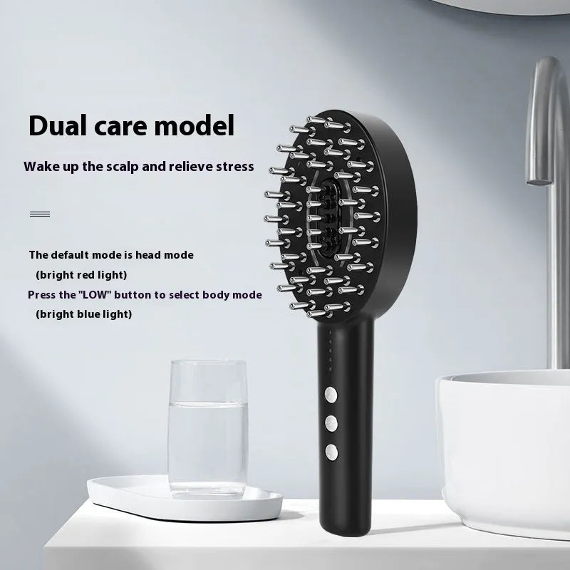Black handheld scalp massage device with vibration head and USB charging cable