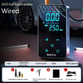 Black wireless car tyre inflator with LCD screen display and attached air hose on a grey background