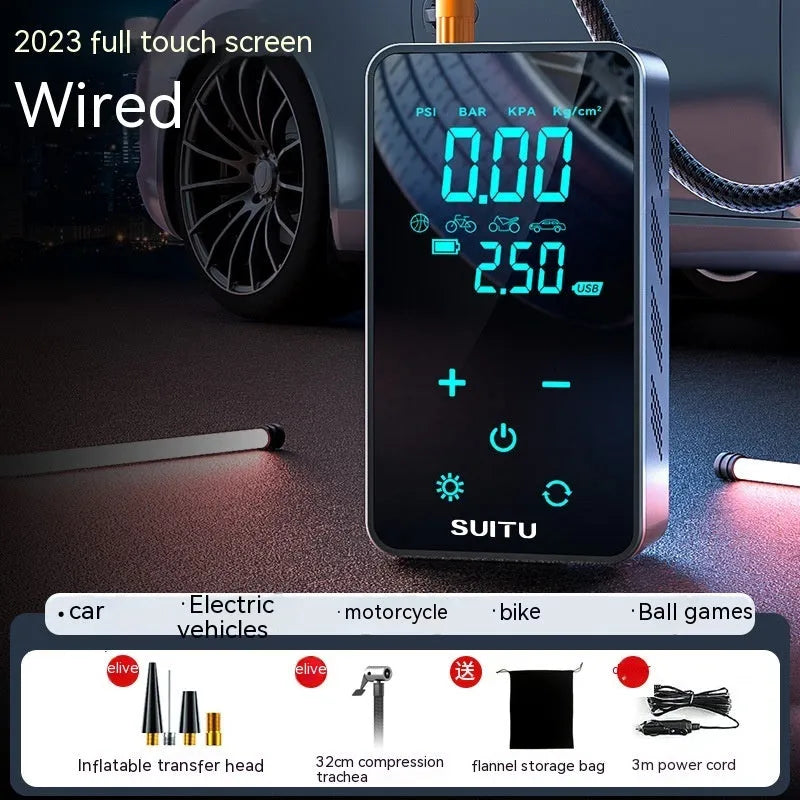 Black wireless car tyre inflator with LCD screen display and attached air hose on a grey background