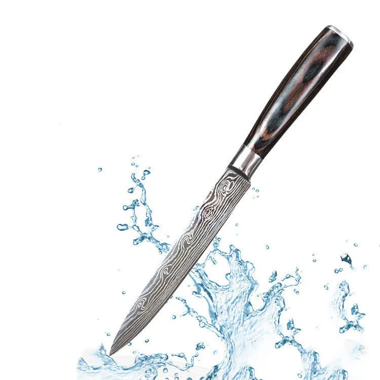 7Cr17 stainless steel kitchen knife with Damascus patterned 18 cm blade and coloured wood handle