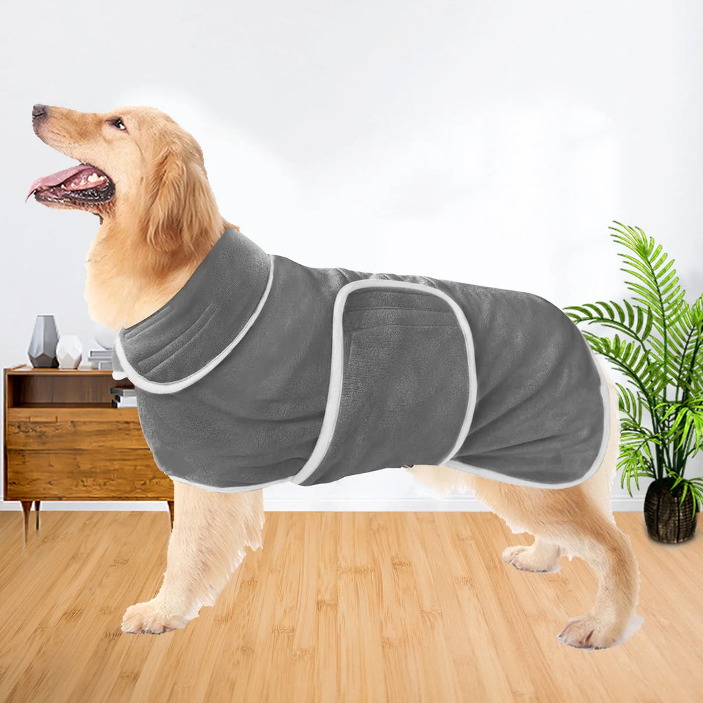 Super absorbent dog bathrobe drying towel coat outfit shown in multiple sizes for medium and large dog breeds.
