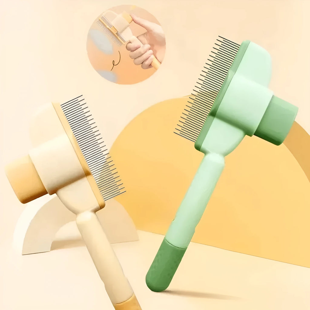Green and yellow pet grooming brush for dogs with one-click hair removal feature