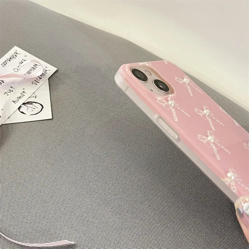 Pink Girl Pearl Bow Stereo Phone Case with three-dimensional pearl dot bow decoration for iPhone 13 Pro Max