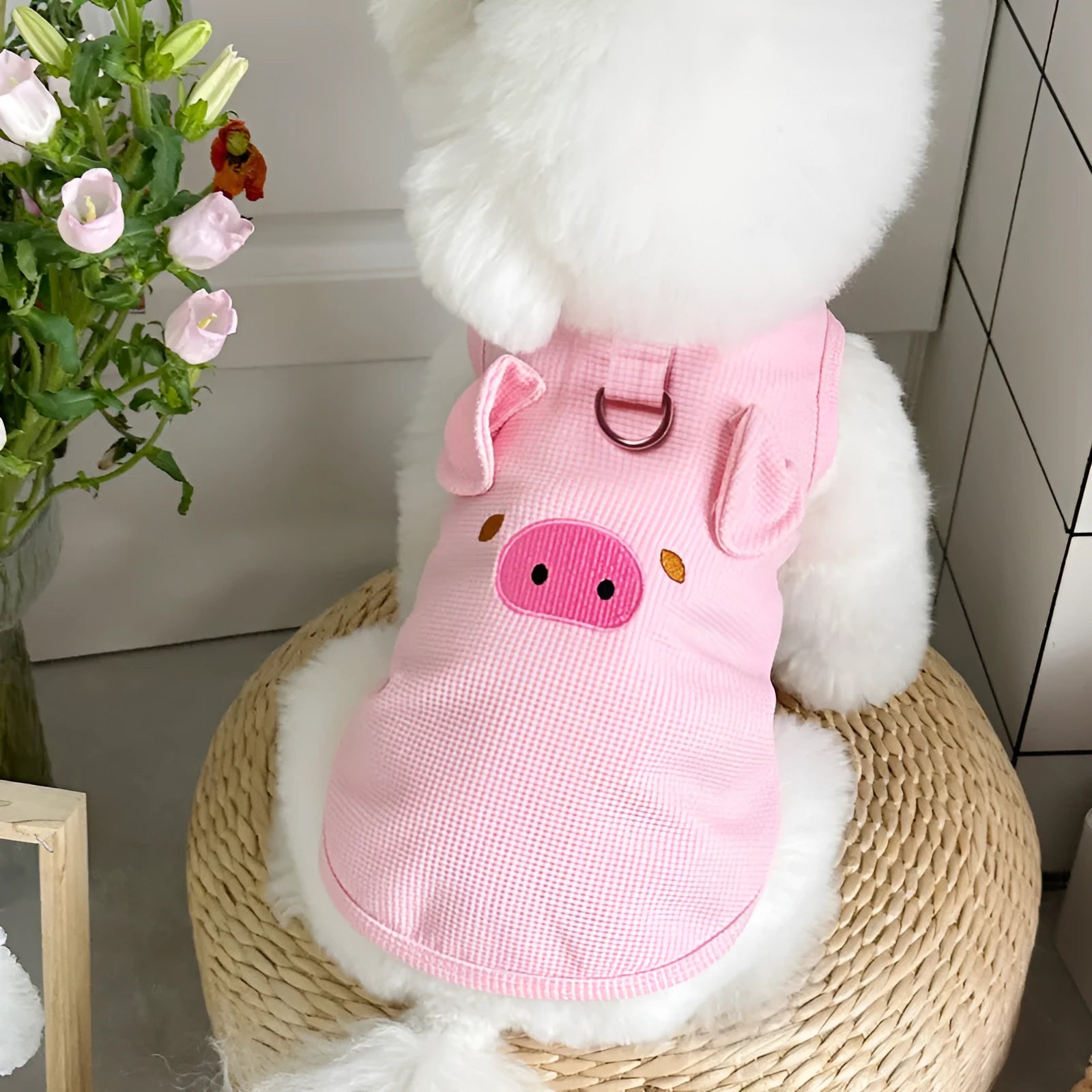 Yellow waffle knit dog vest on a mannequin showing casual style and textured fabric.