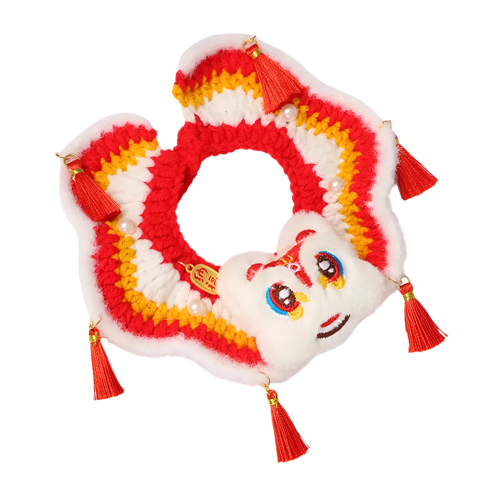 Red New Year pet scarf collar for cats and dogs in Lion Dance Blessing, Nian Beast, Peace and joy, and Red lion styles, sizes S and M.