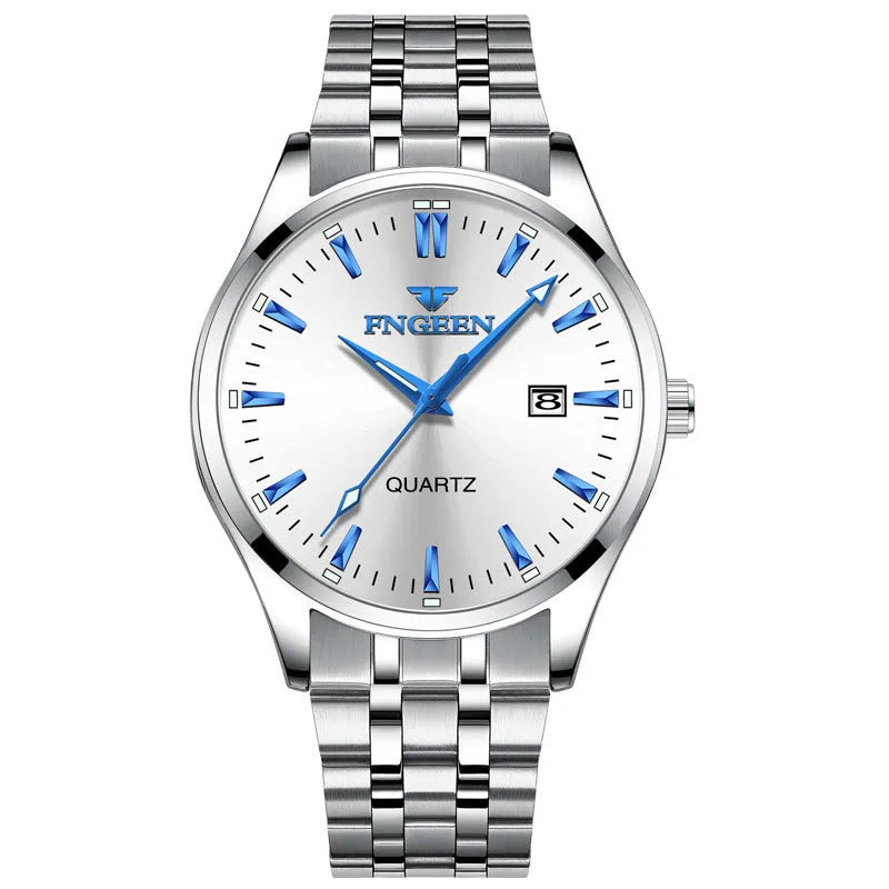 Men's quartz business watch with 10mm case, coated glass mirror, and stainless steel back in black or white steel or leather