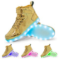 LED light up high-top sneakers in multiple colours on a dark background, showing Velcro strap and illuminated soles.