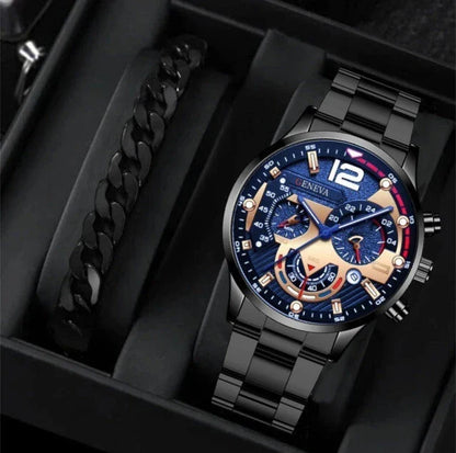 Stylish men's fashion watch and bracelet set with stainless steel case and leather strap, perfect for Valentine's Day gift