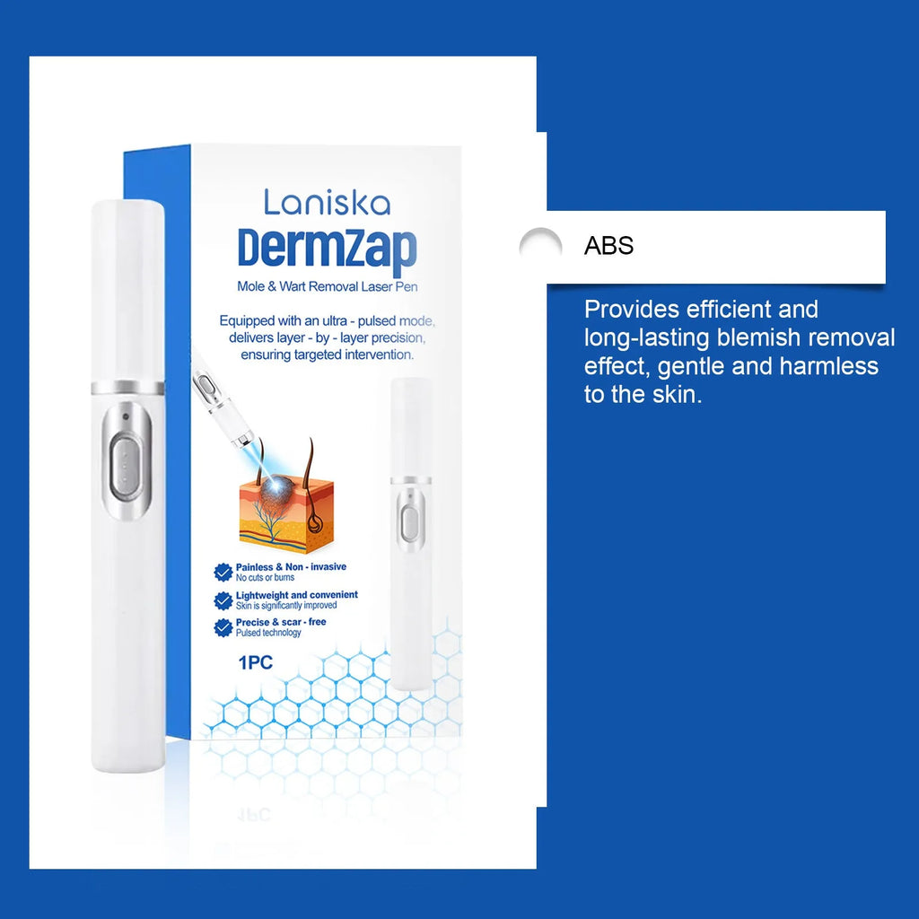 A handheld white ABS plastic laser pen device for removing moles and warts.