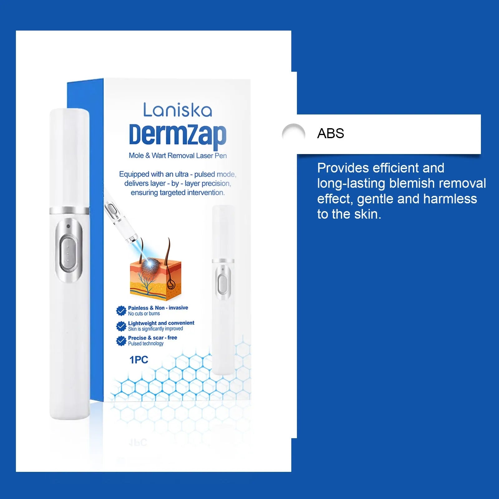 A handheld white ABS plastic laser pen device for removing moles and warts.