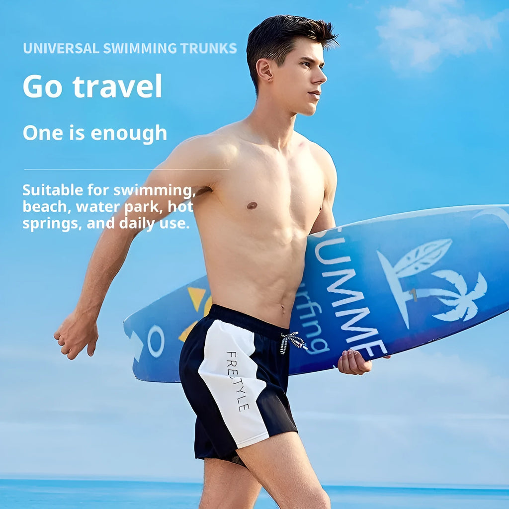 Men's loose five-point beach pants in black polyester with nylon lining, quick-dry for swimming and wading