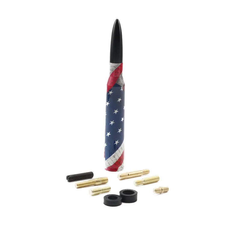 14cm bullet car antenna in black, camouflage green, and American flag finishes