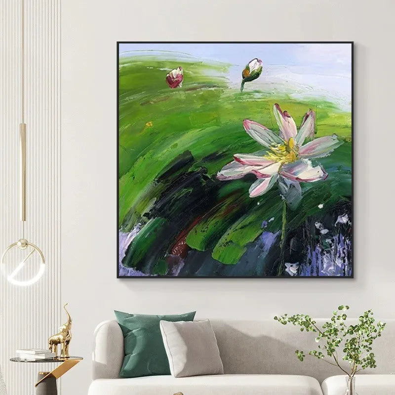 Hand-painted abstract countryside oil painting of rural landscape with lotus flowers on square canvas wall art