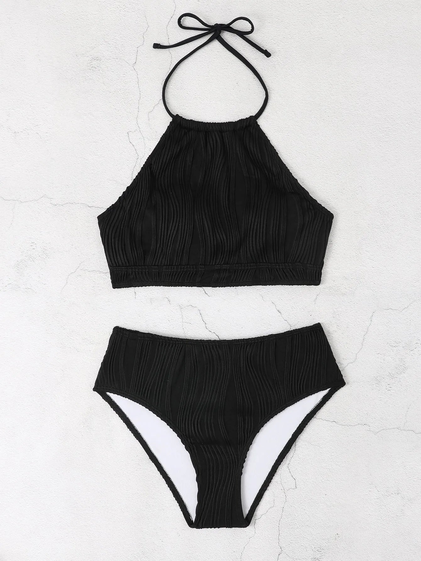 Women's high waist apron conservative one-piece swimsuit in solid colour
