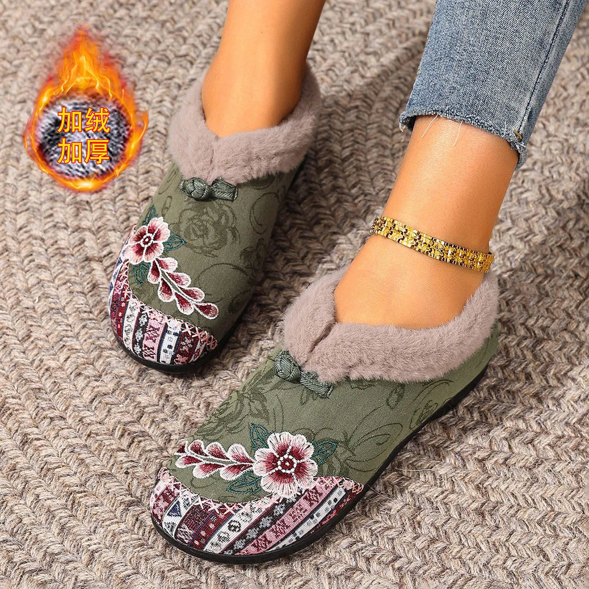 Flat bottom embroidery cotton shoes for women with floral pattern, round toe, PVC sole, available in multiple colours and sizes.