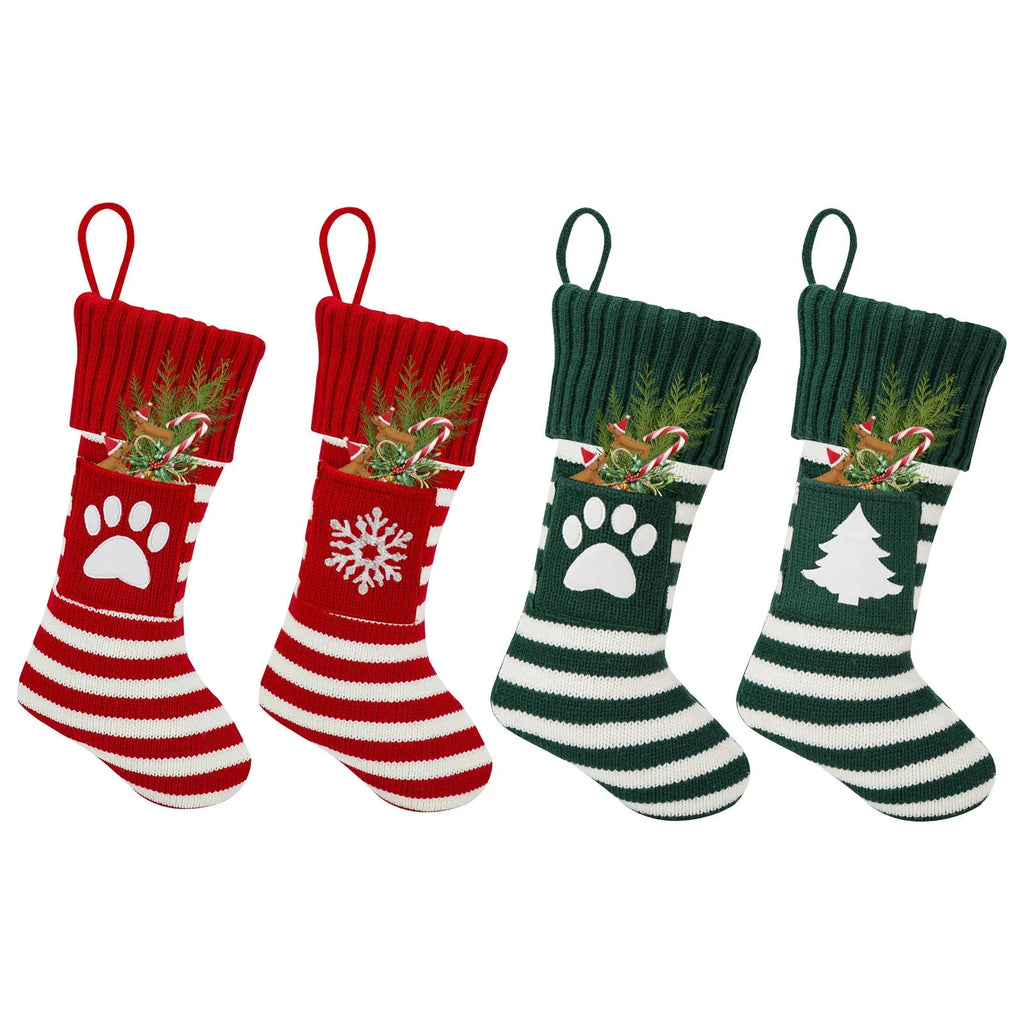 Christmas knitted cat and dog socks gift bag with red snowflake design on a festive background
