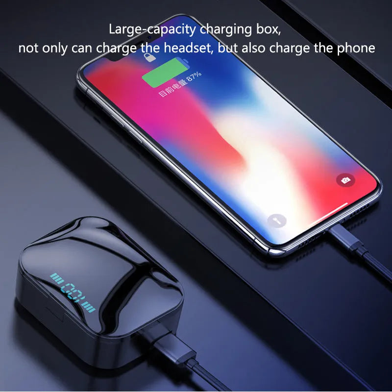 X7LED black and white sports Bluetooth headphones with charging case showing LED display