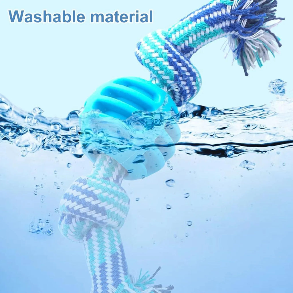 Blue dog chew toy with rope strands and molar cleaning textured surfaces