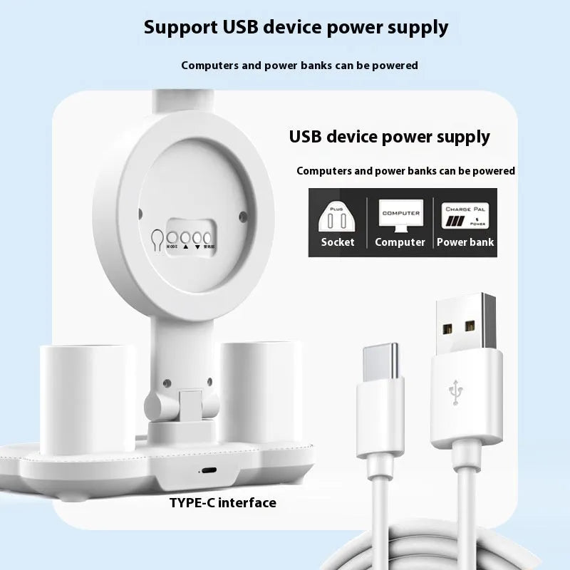 LED student rechargeable desk lamp with clock display, USB cable, and modern white finish on a desk.