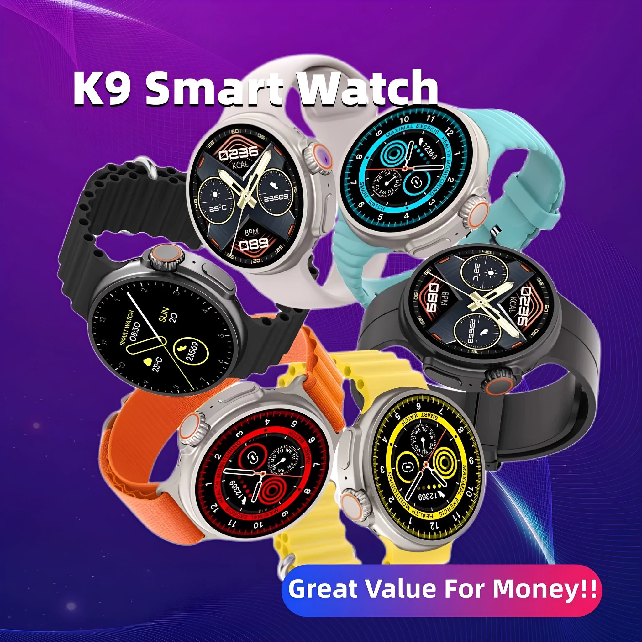 K9 smart watch with round screen showing health metrics, zinc alloy case, silicone strap in multiple colours