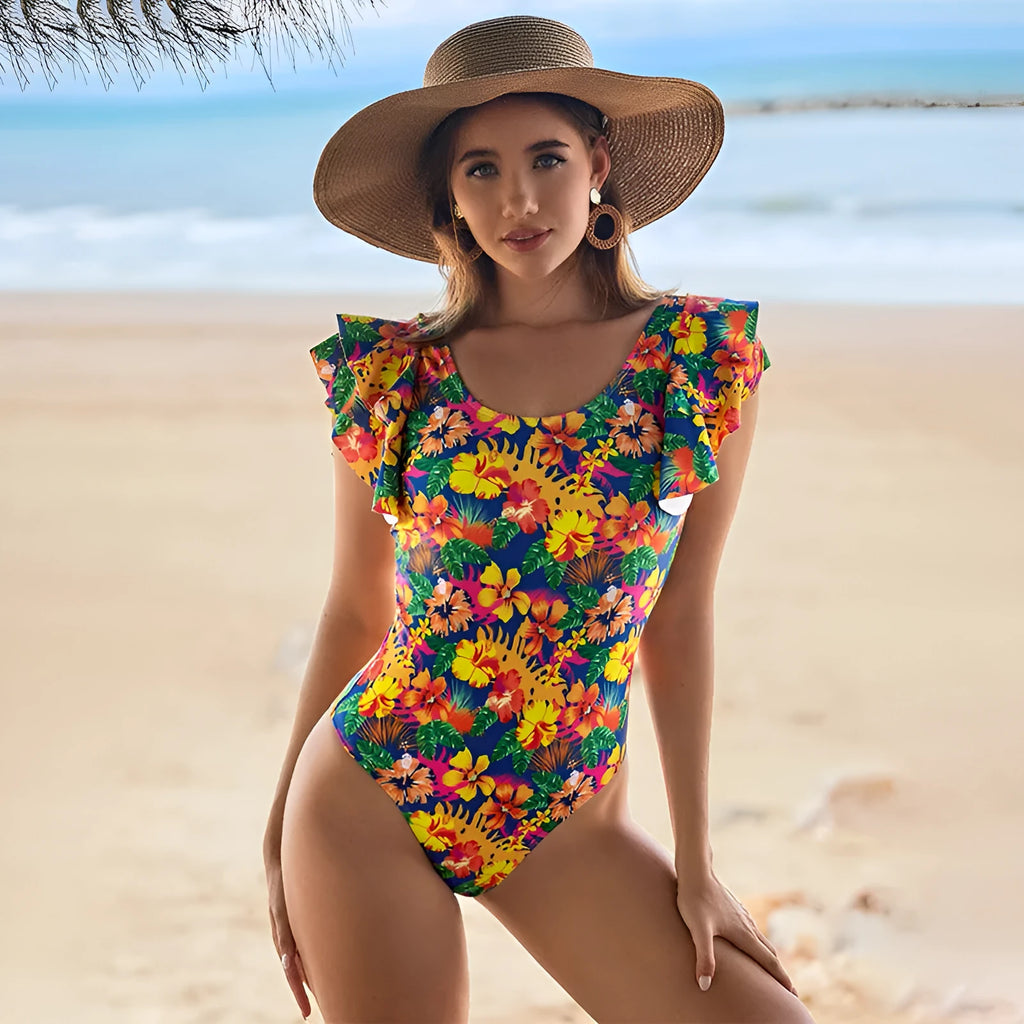 Women's one-piece swimsuit with a U-neck collar featuring lace detail, shown in a solid colour.