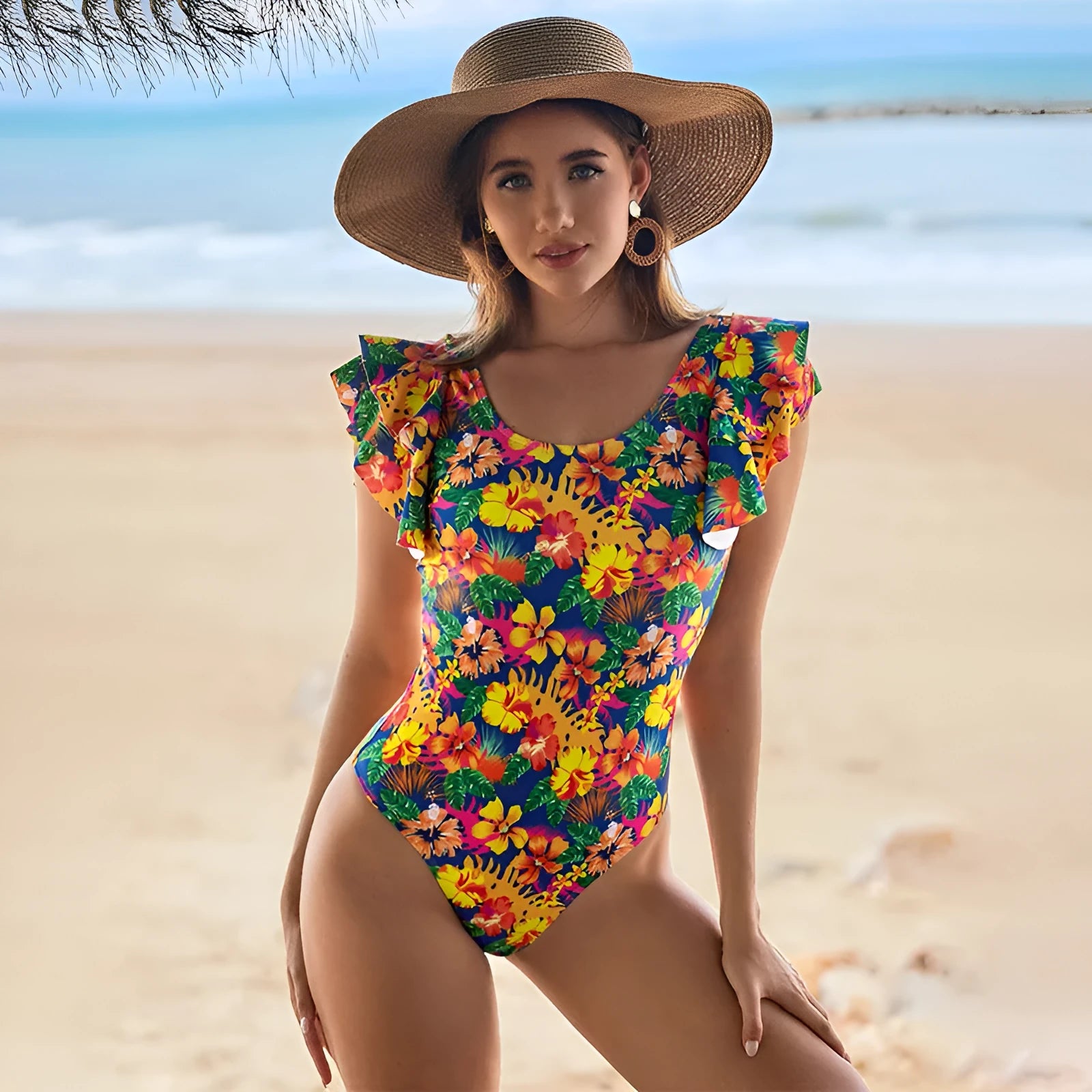 Women's one-piece swimsuit with a U-neck collar featuring lace detail, shown in a solid colour.