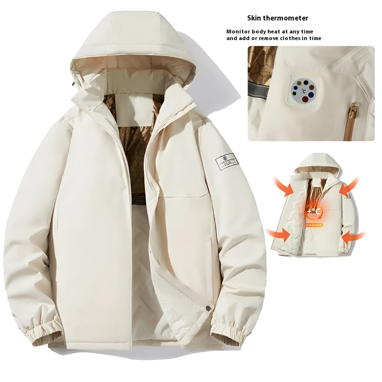 Outdoor waterproof jacket in camel colour with temperature sensing technology for autumn and winter wear