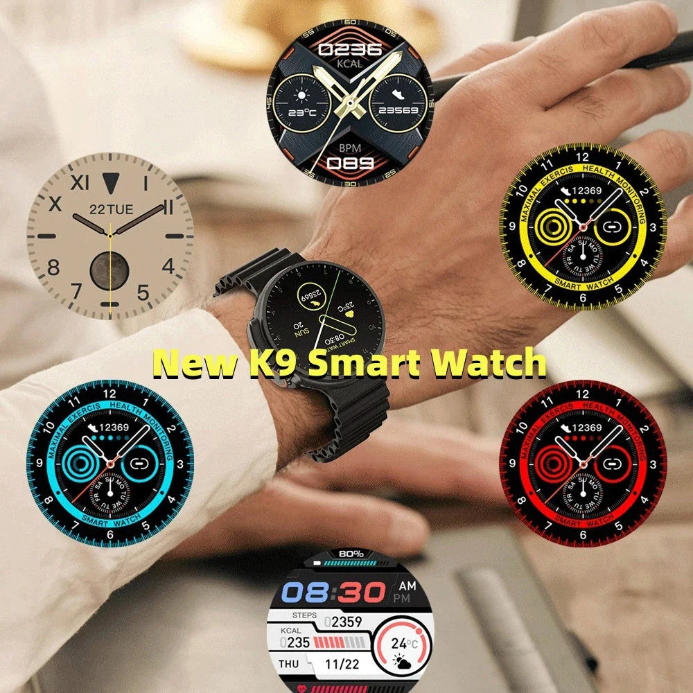 New K9 Smart Watch with 1.39-inch round display, wireless charging, NFC payment, and advanced health tracking features