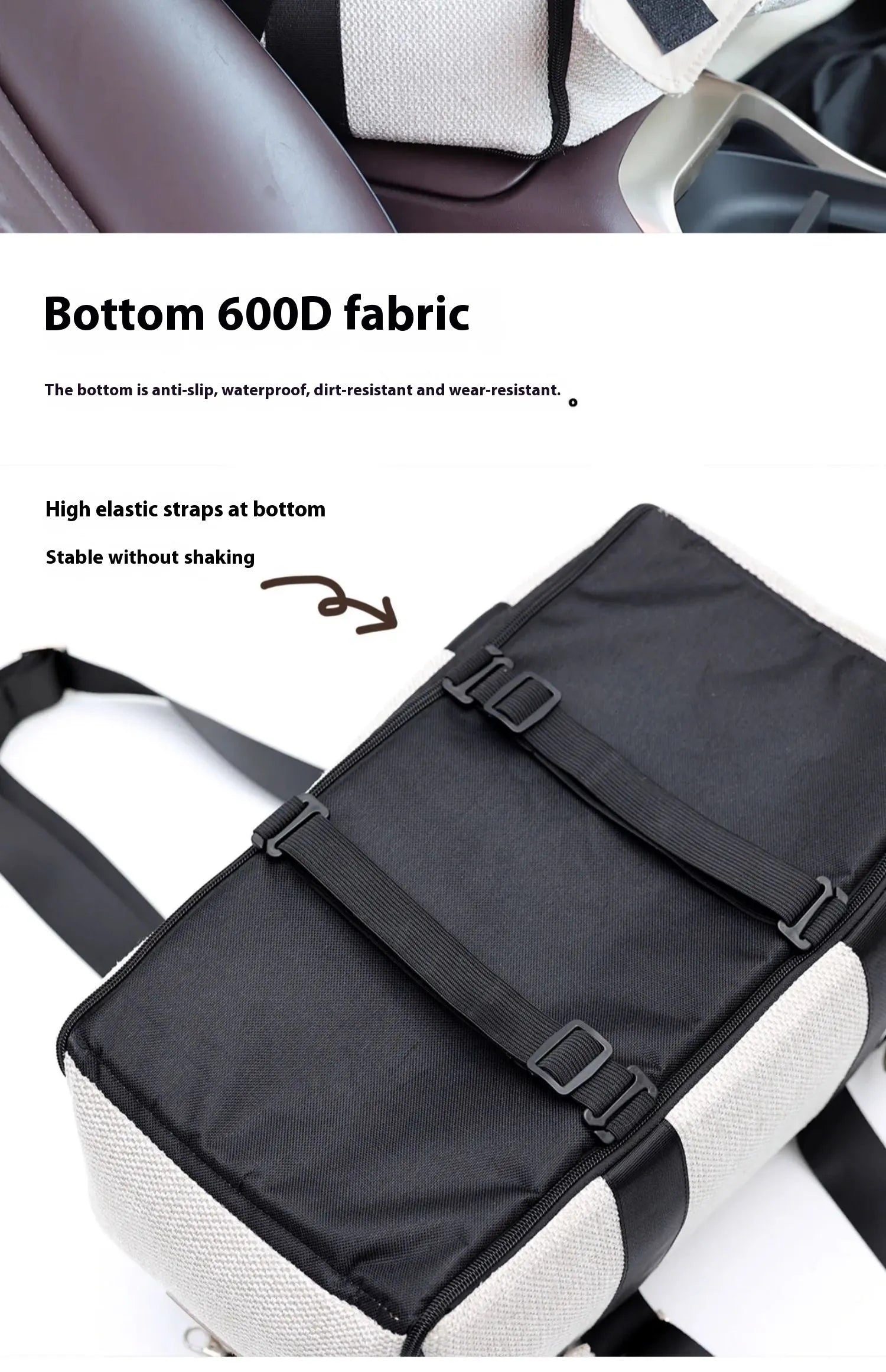 Beige white polyester pet car nest and diaper bag carrier measuring 23x20x40cm