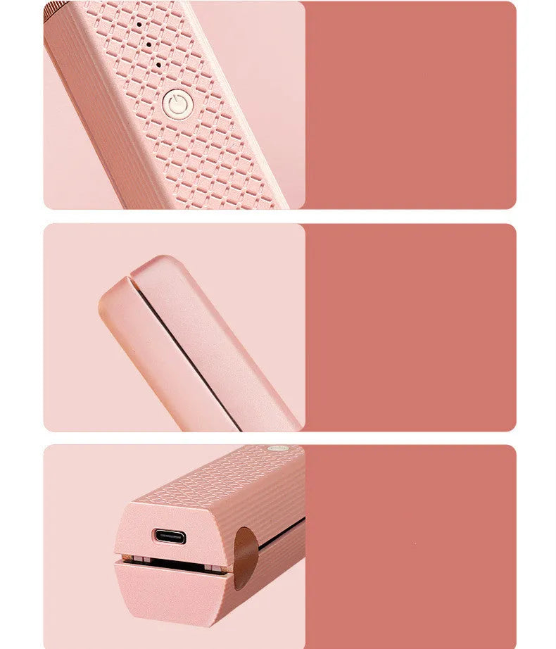 Compact pink cordless USB hair straightener and curler with ceramic plates on a white background.
