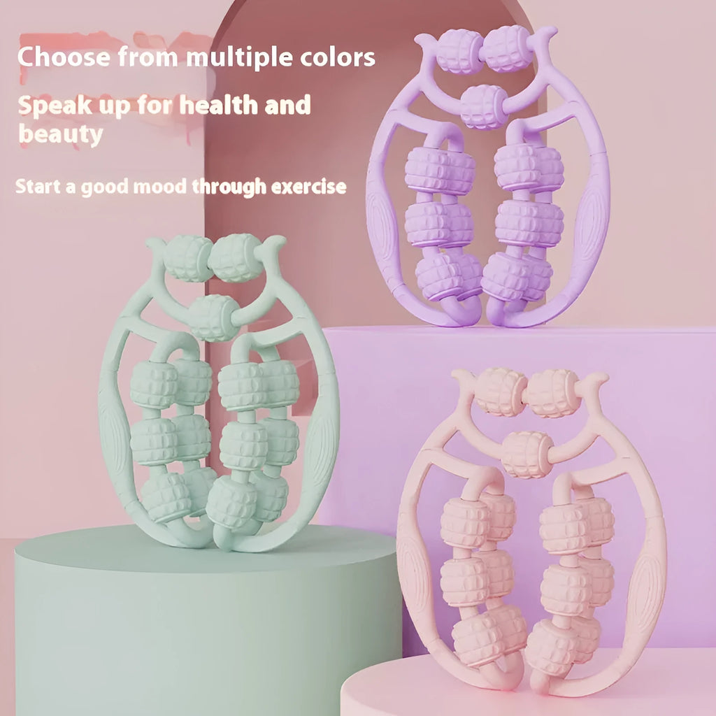 A handheld leg massage roller with double-row wheels in a choice of five colours including coral pink and green.