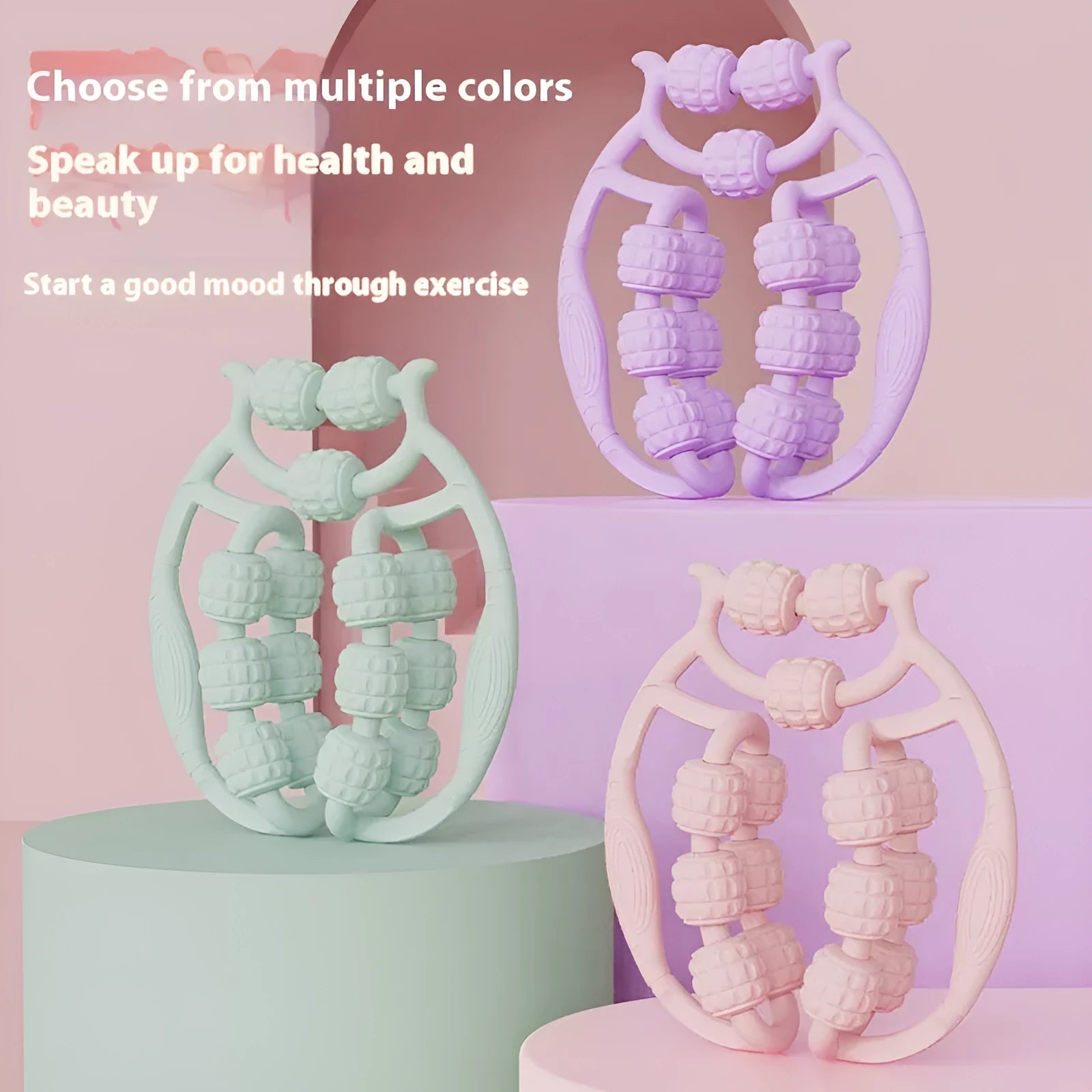 A handheld leg massage roller with double-row wheels in a choice of five colours including coral pink and green.