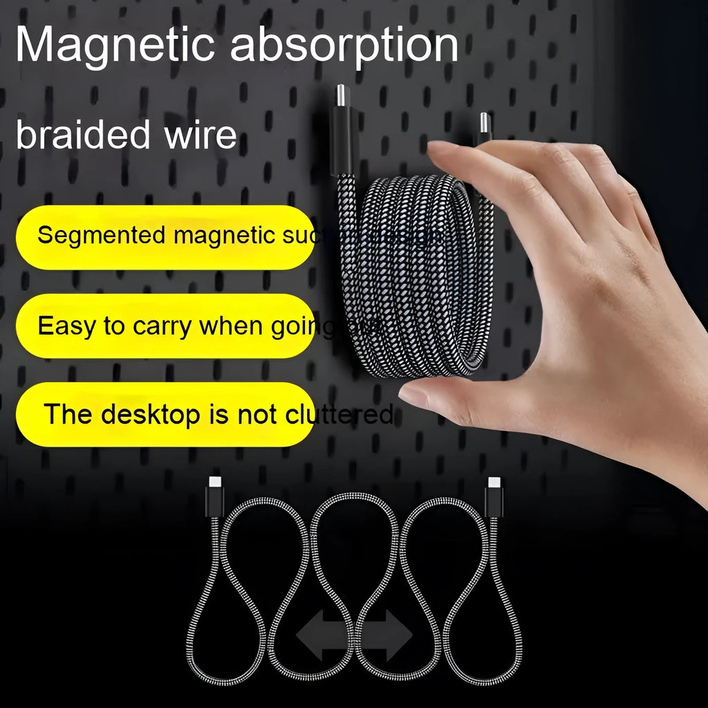 Magnetic storage woven data cable with PD fast charging, Lightning and Type-C connectors, 1 metre, black