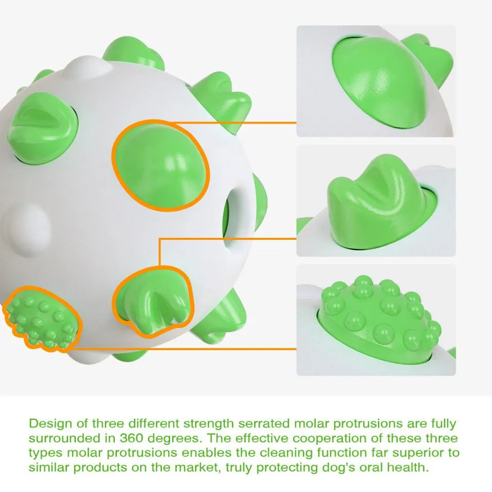 Blue green and yellow spherical dog chew toy with textured bumps and a hollow centre hole for treats.